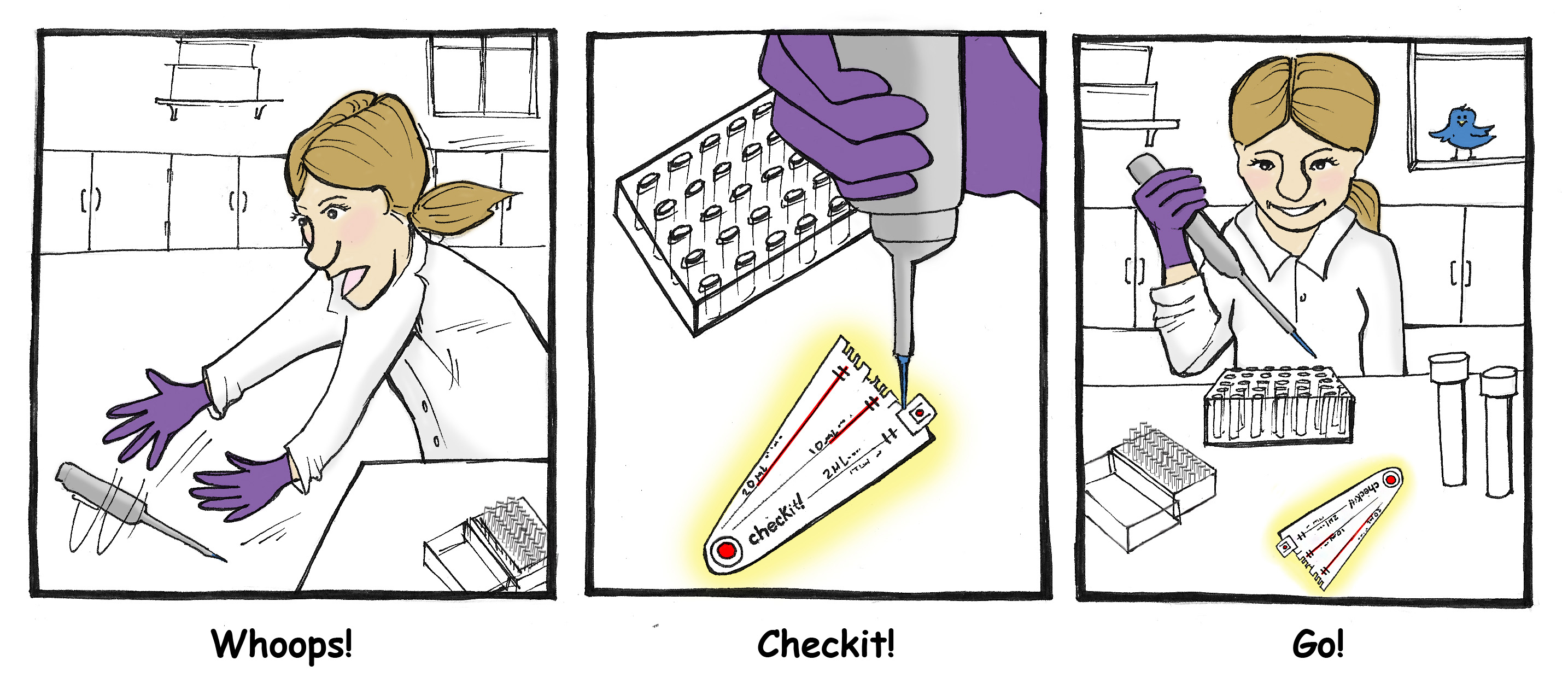 A comic of a woman dropping her pippette in the first panel and the same woman, using the checkit in the second panel, and pipetting happily in the last panel