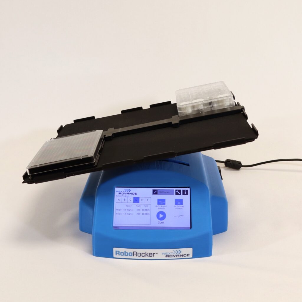 Programmable rocker controls the flow of media in culture plates.
