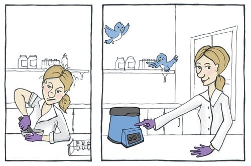 A comic of a frustrated woman homogenizing samples by hand in the first panel and the same woman, now happy, using the Bullet Blender in the second panel