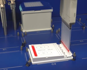 Checkit Go being used with robot liquid handler to precisely measure dispensed volumes.